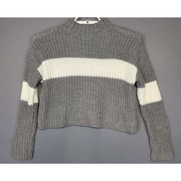 Forever 21 Sweater Womens Medium Gray White Stripe Chunky Knit Mock Neck Cropped - Picture 1 of 11